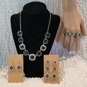 Signed Trifari greenish gray stones with rhinestone, necklace,bracelet, earrings